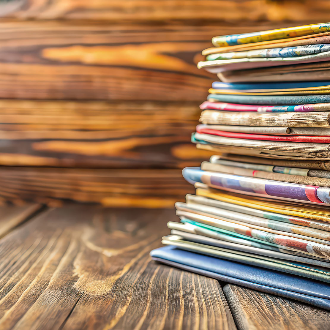 A stack of old colored magazines on a wooden table, vintage, ret